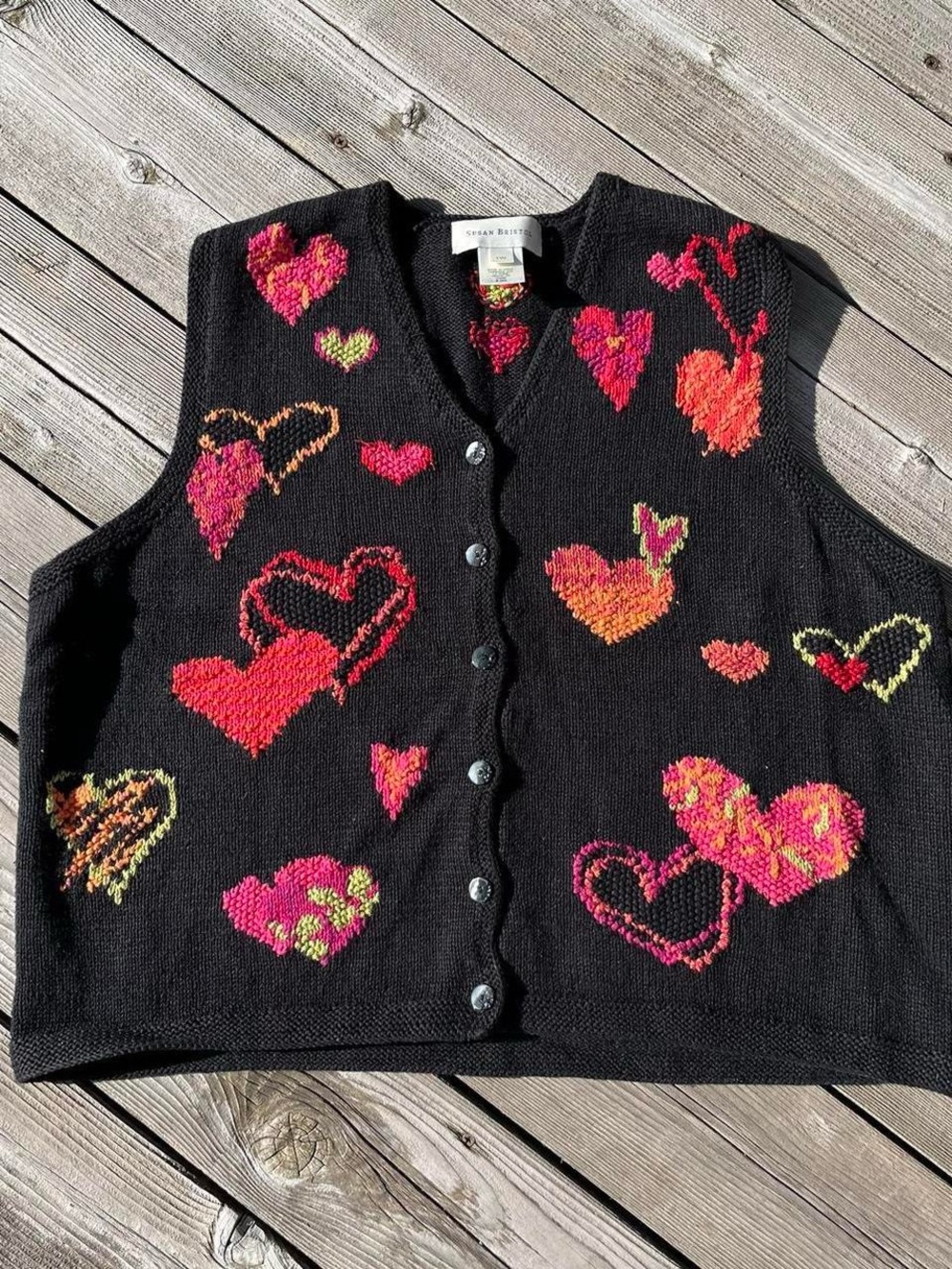 Susan Bristol pink/red heart print knit sweater vest